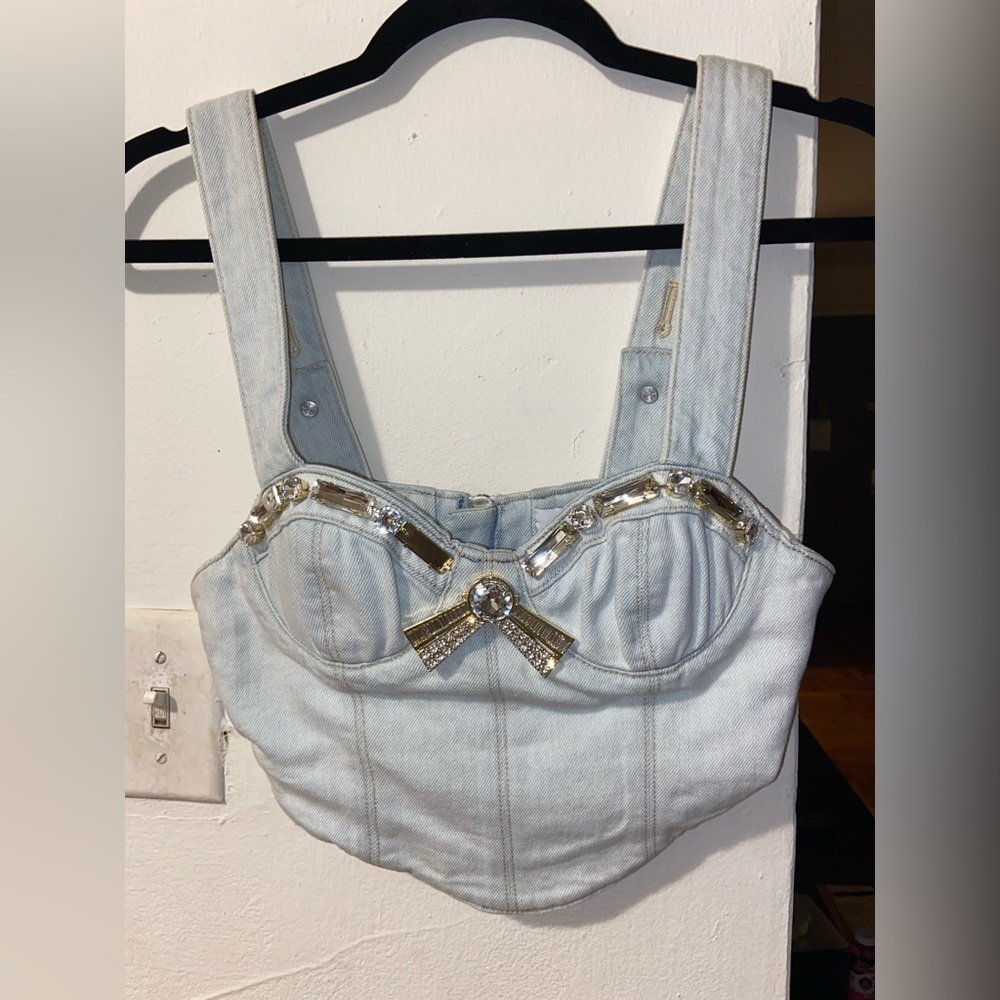 Area Crystal Trim Denim Bustier